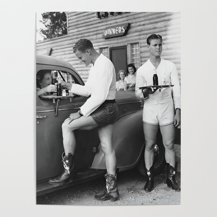 Texas love, male drive-in car hops in shorts and cowboy boots at drive in tavern near Love Field Airport in Dallas vintage black and white photograph - photography - photographs Poster