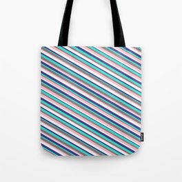 [ Thumbnail: Vibrant Gray, Pink, White, Dark Slate Blue & Turquoise Colored Striped Pattern Tote Bag ]