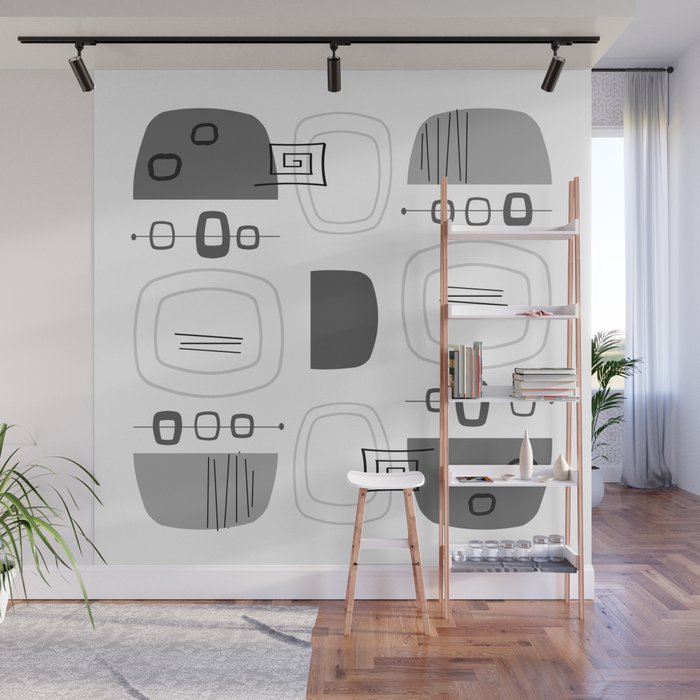 Midcentury Modern Bowls Stones White Gray Wall Mural By