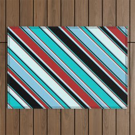 [ Thumbnail: Colorful Black, Dark Turquoise, Red, Light Cyan, and Sky Blue Colored Pattern of Stripes Outdoor Rug ]
