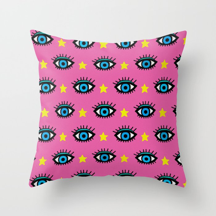 Evil Eyes and Stars Pink Throw Pillow