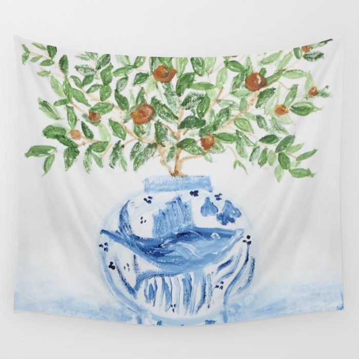 Blue and White Ginger Jar Orange Tree  Wall Tapestry