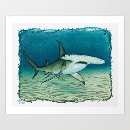 "Great Hammerhead Shark" by Amber Marine ~ Watercolor Painting, (c) 2016 Art Print