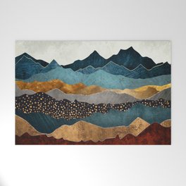 Amber Dusk Welcome Mat | Digital, Hills, Grey, Blue, Watercolor, Graphicdesign, Red, Mountains, Landscape, Gold 