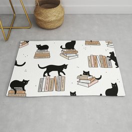 Books and cats cute black cat lovers and book nerd design neutral beige gray on white Area & Throw Rug
