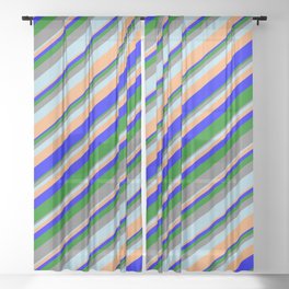 [ Thumbnail: Colorful Blue, Green, Grey, Light Blue, and Brown Colored Stripes Pattern Sheer Curtain ]