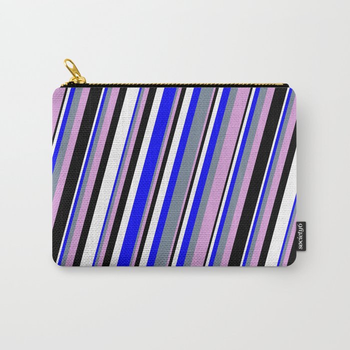 Blue, Light Slate Gray, Plum, Black & White Colored Stripes/Lines Pattern Carry-All Pouch