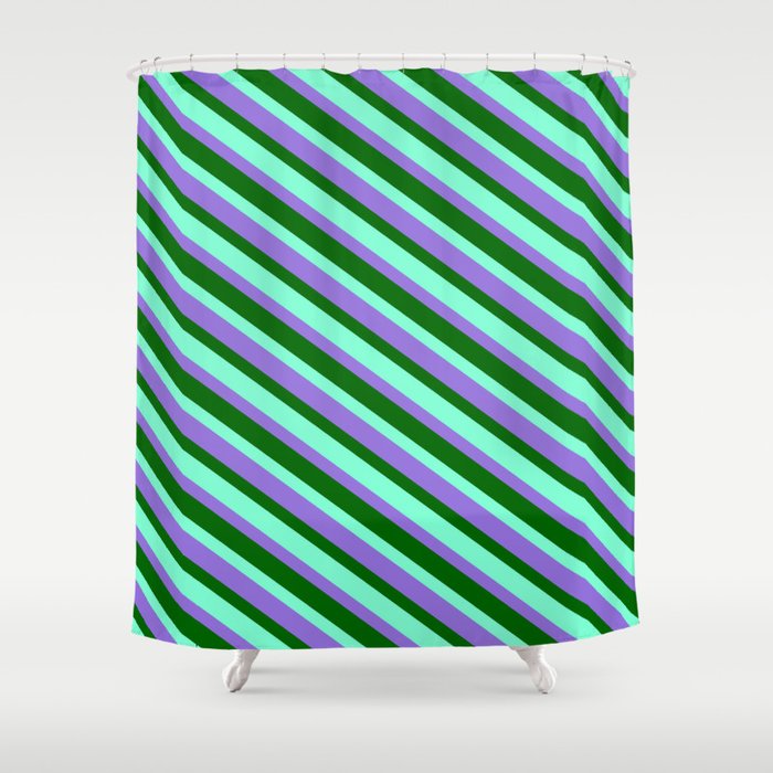 Purple, Dark Green, and Aquamarine Colored Stripes/Lines Pattern Shower Curtain