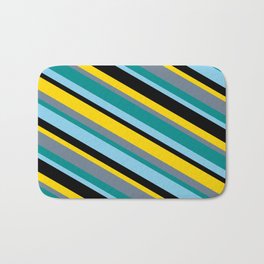 [ Thumbnail: Yellow, Slate Gray, Dark Cyan, Sky Blue & Black Colored Striped Pattern Bath Mat ]