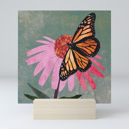 Orange Monarch Butterfly on pink Coneflower. Textured Illustration / Painting Mini Art Print