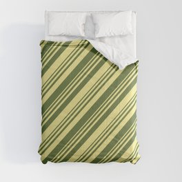 [ Thumbnail: Dark Olive Green & Tan Colored Lined/Striped Pattern Comforter ]