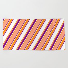 [ Thumbnail: Light Salmon, Purple, White, and Dark Orange Colored Stripes Pattern Beach Towel ]
