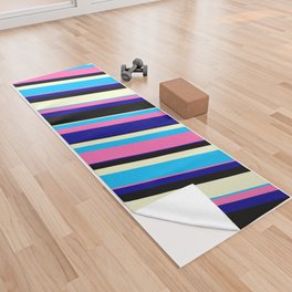 [ Thumbnail: Vibrant Deep Sky Blue, Hot Pink, Dark Blue, Black, and Light Yellow Colored Lines/Stripes Pattern Yoga Towel ]