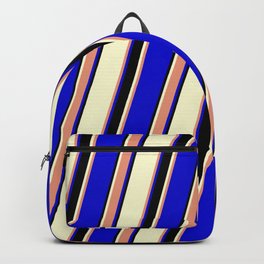 [ Thumbnail: Light Yellow, Dark Salmon, Blue, and Black Colored Striped/Lined Pattern Backpack ]