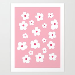 White Flowers on Pink Background – Retro Flowers Art Print