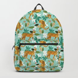 Cheetah Jungle, Wildlife Nature Wild Cats Tigers Leopard Botanical Animals Mint Quirky Illustration Backpack