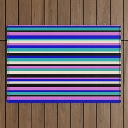 [ Thumbnail: Vibrant Orchid, Blue, Light Sea Green, Beige, and Black Colored Lines Pattern Outdoor Rug ]