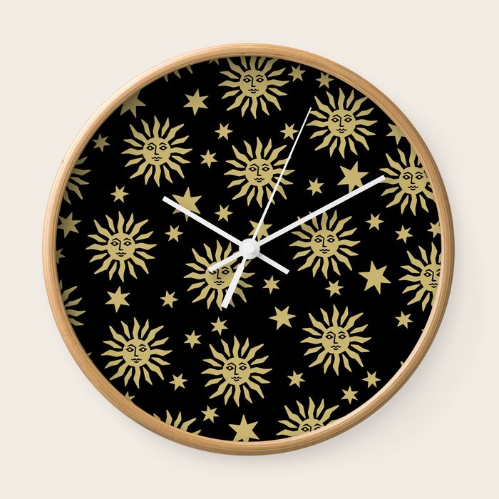 Mid Century Modern Sun and Star Pattern Black and Gold Wall Clock by
