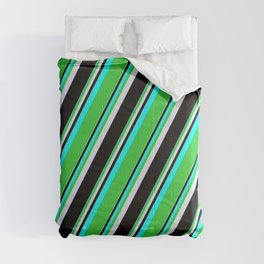 [ Thumbnail: Cyan, Lime Green, Lavender, and Black Colored Pattern of Stripes Comforter ]