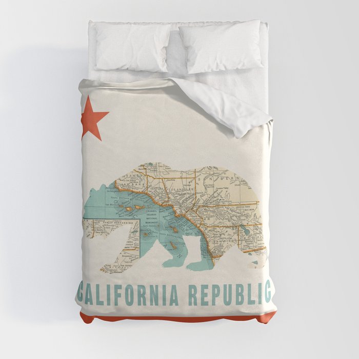 California Bear Flag with Vintage Map Duvet Cover