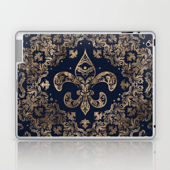 Luxury Fleur-de-lis Ornament - gold and dark blue Laptop & iPad Skin