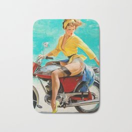 Girl On A Bike Bath Mat | Prettygirl, Pinup, Graphicdesign, Beautifulwoman, Motorcycle, Vintage, Red, Pinupgirl, Sexylady, Yellow 