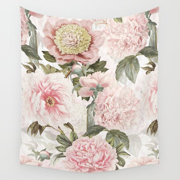 Vintage & Shabby Chic - Antique Pink Peony Flowers Garden Wall Tapestry