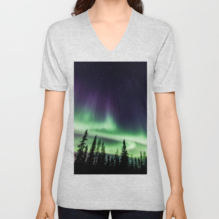 Aurora during geomagnetic storm in Yellowknife, Canada V Neck T Shirt