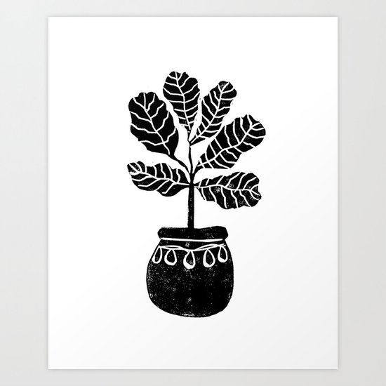 Fiddle Leaf Fig tree linocut black and white minimal modern lino carving monochromatic trendy art Art Print
