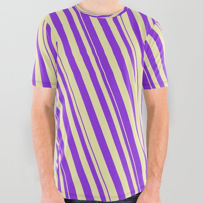 Purple and Pale Goldenrod Colored Striped/Lined Pattern All Over Graphic Tee