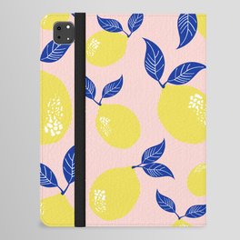 Fruit Print Yellow Lemons with Blue Leaves on Pink Stripes iPad Folio Case
