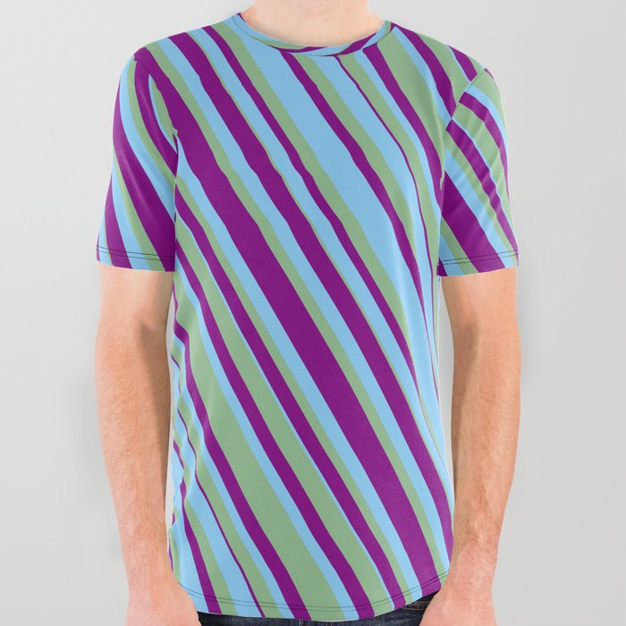 Purple, Light Sky Blue & Dark Sea Green Colored Lined/Striped Pattern All Over Graphic Tee