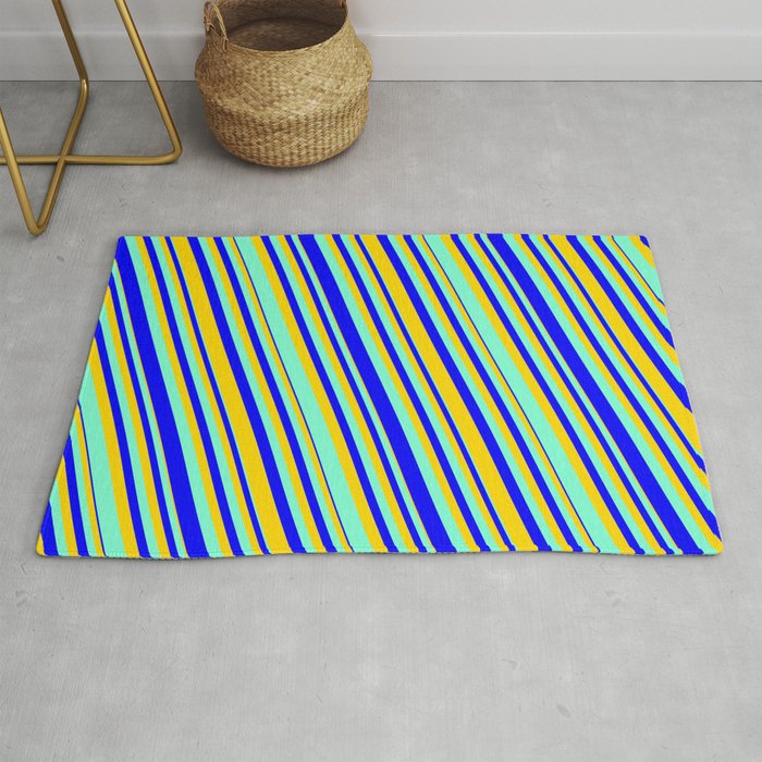 Aquamarine, Blue & Yellow Colored Lines Pattern Rug