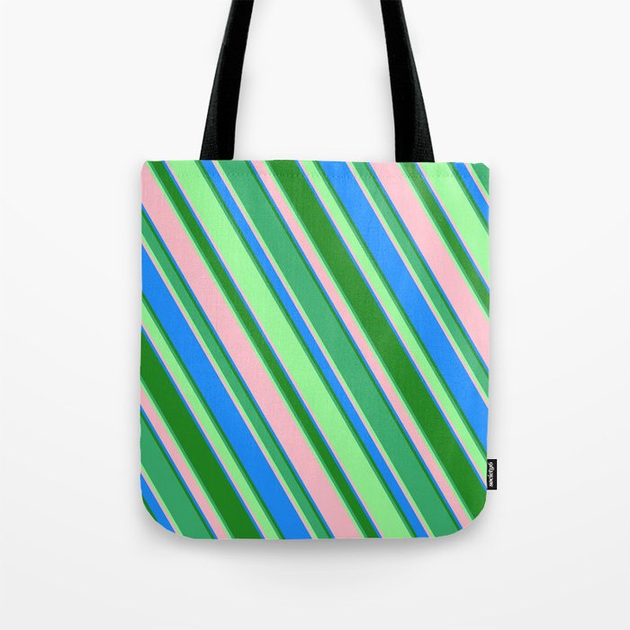 Eye-catching Forest Green, Sea Green, Green, Pink & Blue Colored Lined/Striped Pattern Tote Bag