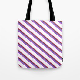 [ Thumbnail: Eye-catching Plum, Red, Blue, Orchid, and White Colored Stripes/Lines Pattern Tote Bag ]