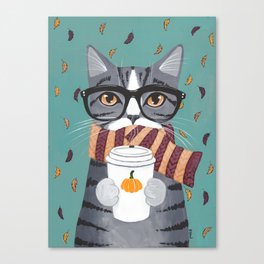 Grey Tabby Autumn Coffee Cat Canvas Print