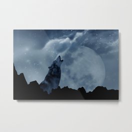 Wolf howling at full moon Metal Print