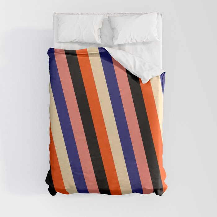Eye-catching Salmon, Midnight Blue, Beige, Red & Black Colored Stripes Pattern Duvet Cover