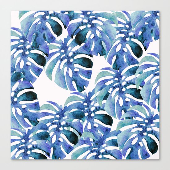 Monstera Pattern Blue Canvas Print