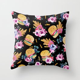 Burgers + Flowers on Black Throw Pillow