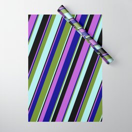 [ Thumbnail: Eyecatching Orchid, Dark Blue, Green, Turquoise, and Black Colored Stripes/Lines Pattern Wrapping Paper ]
