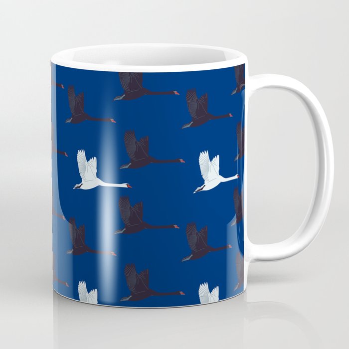 Flying Elegant Swan Pattern on Blue Background Coffee Mug