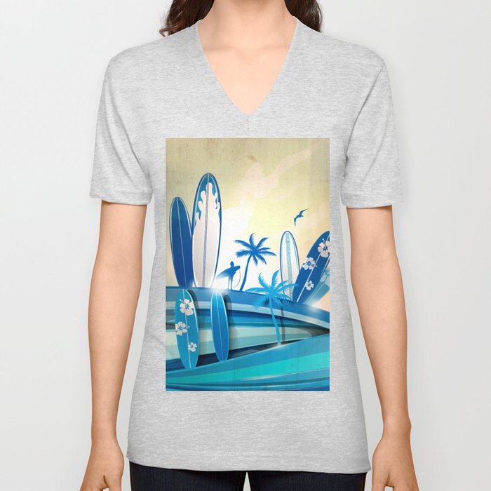surfboard  background on sky background V Neck T Shirt