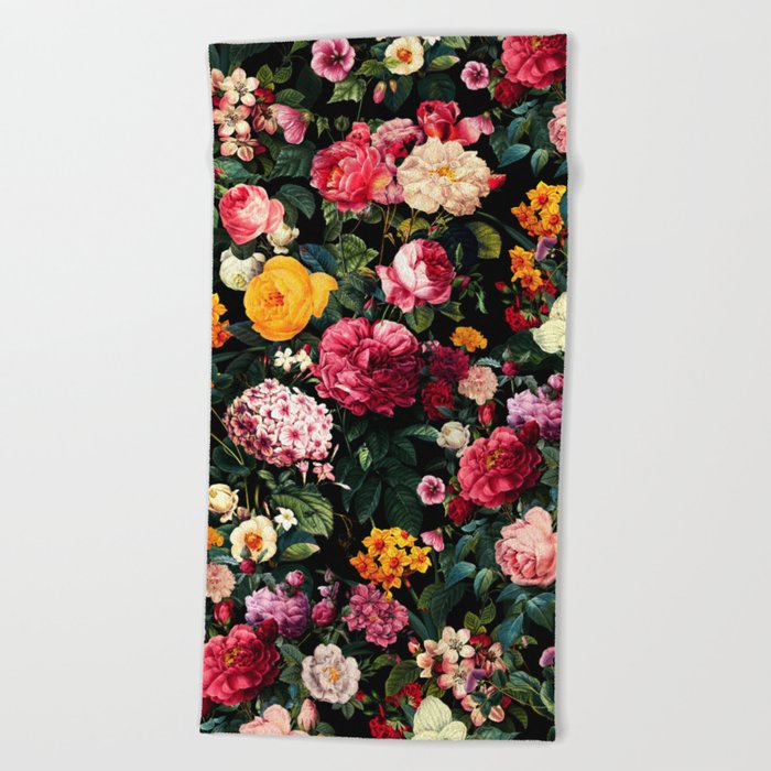 Floral D - Red, Pink, Yellow, Green, Black Baroque Floral Blossom Beach Towel