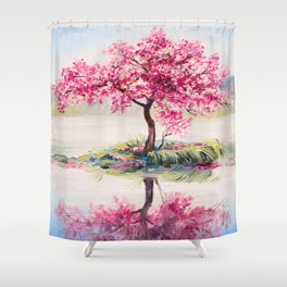 Lovely pink blossom sakura tree. Acrylic hand painted illustration background Shower Curtain