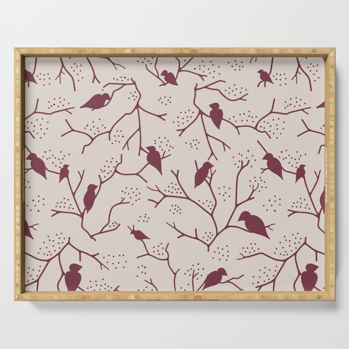 Red tree brunches and birds on tan background Serving Tray
