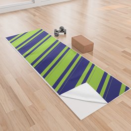 [ Thumbnail: Midnight Blue & Green Colored Lines Pattern Yoga Towel ]