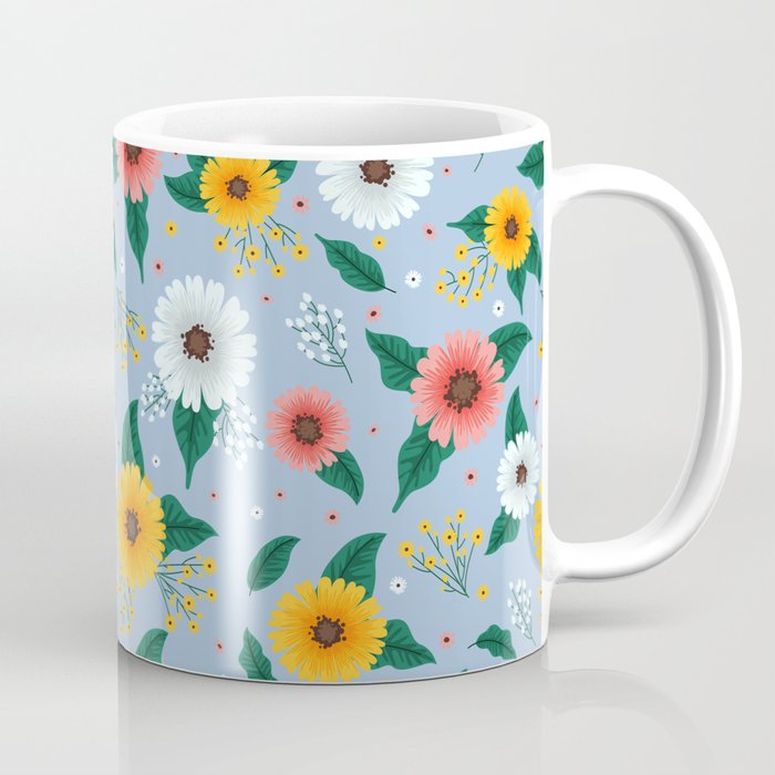 Colorful Spring Flowers Pattern in Pale Blue Background Coffee Mug