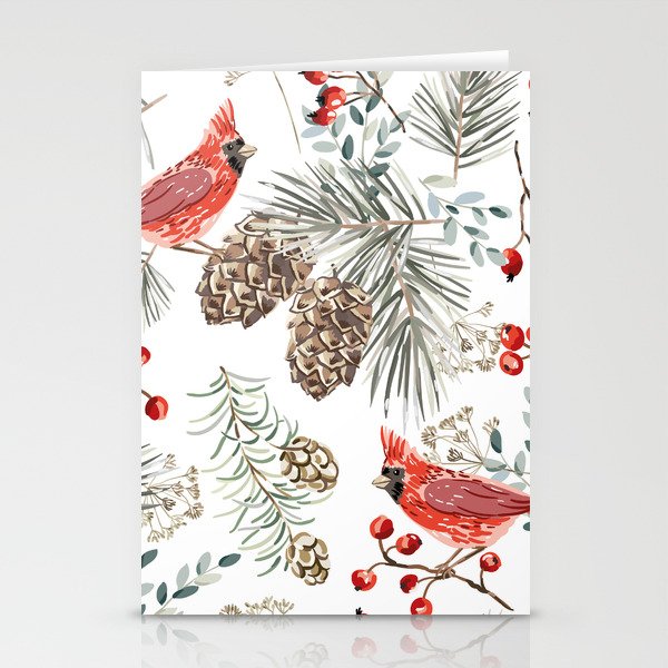Christmas seamless pattern, cardinal birds, red berries, fir twigs, cedar cones, white background. Vintage illustration. Nature design. Season greeting. Winter Xmas holidays Stationery Cards