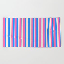 [ Thumbnail: Blue, Beige & Hot Pink Colored Pattern of Stripes Beach Towel ]